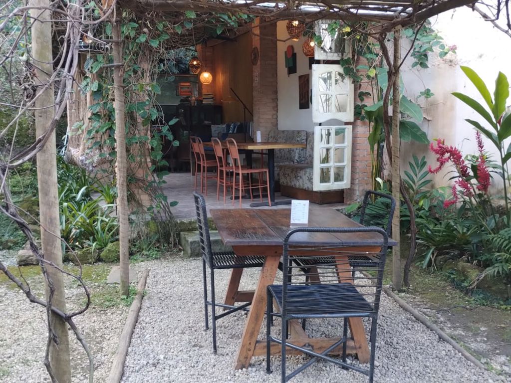 Espaço com jardim e livros